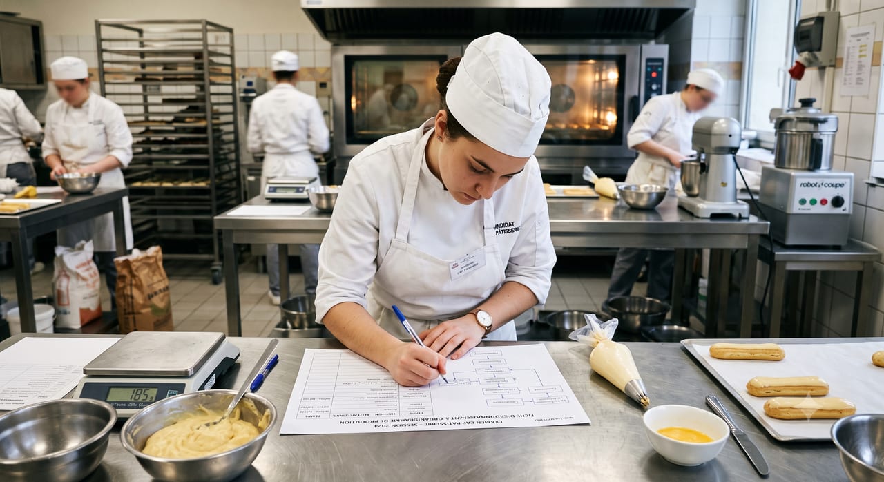 Candidate en tenue de pâtissier remplissant sa fiche d'ordonnancement et organigramme de production pendant l'épreuve du CAP, éclairs et crème sur le plan de travail