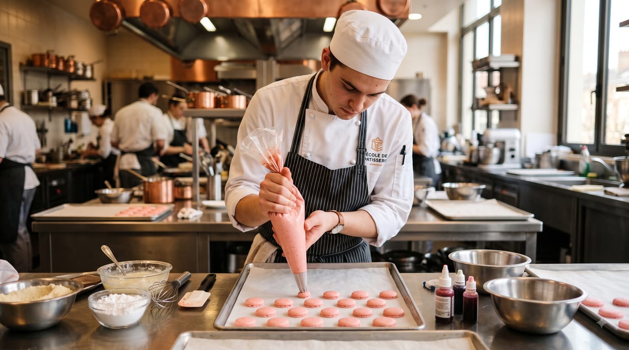 Élève pâtissier en tenue dressant à la poche des coques de macarons roses sur une plaque, dans un laboratoire de pâtisserie